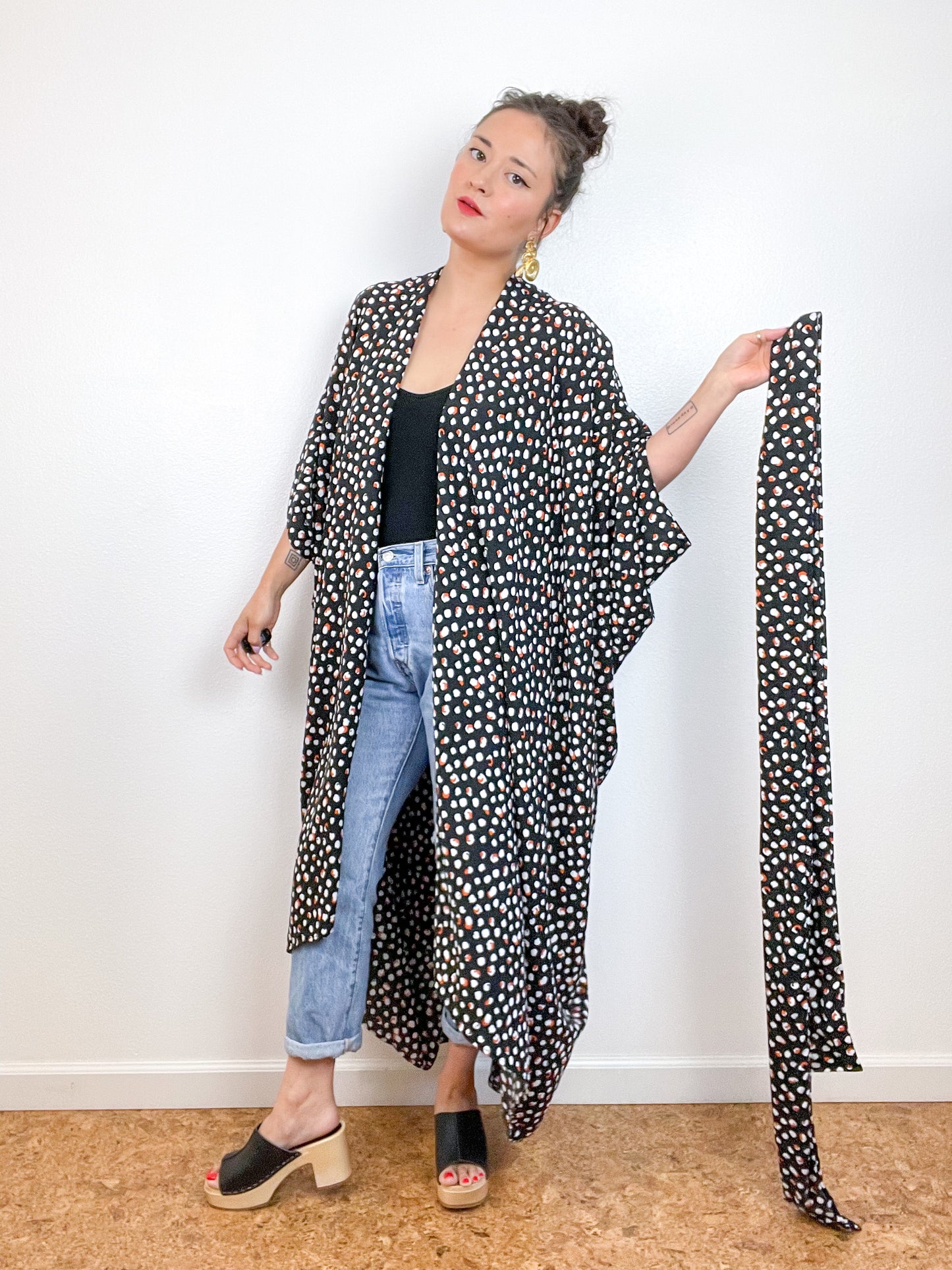 Print High Low Kimono Black White Rust Dots Challis