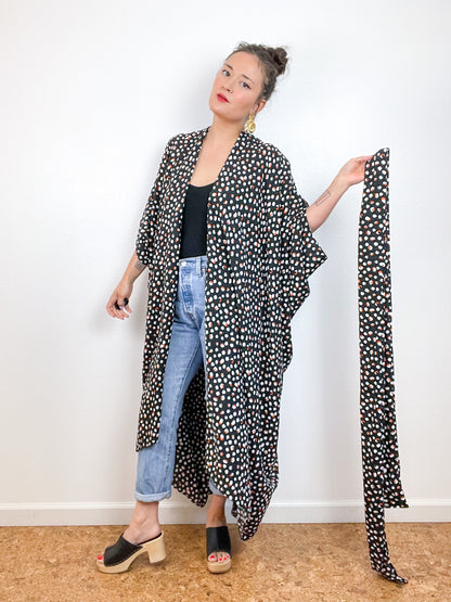 Print High Low Kimono Black White Rust Dots Challis