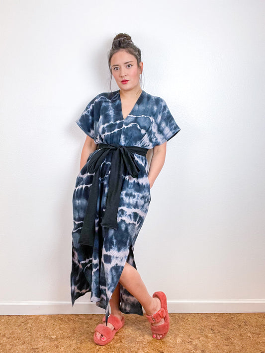 Double Gauze Caftan Dress Black Midi