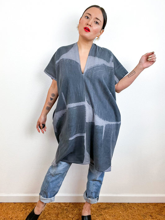 Hand-Dyed Mini Smock Dress Lavender Graphite Brushstrokes