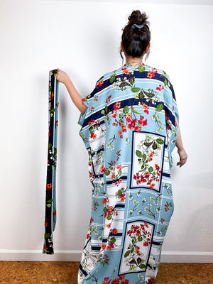 Print High Low Kimono Blue Retro Floral Bubble Crepe
