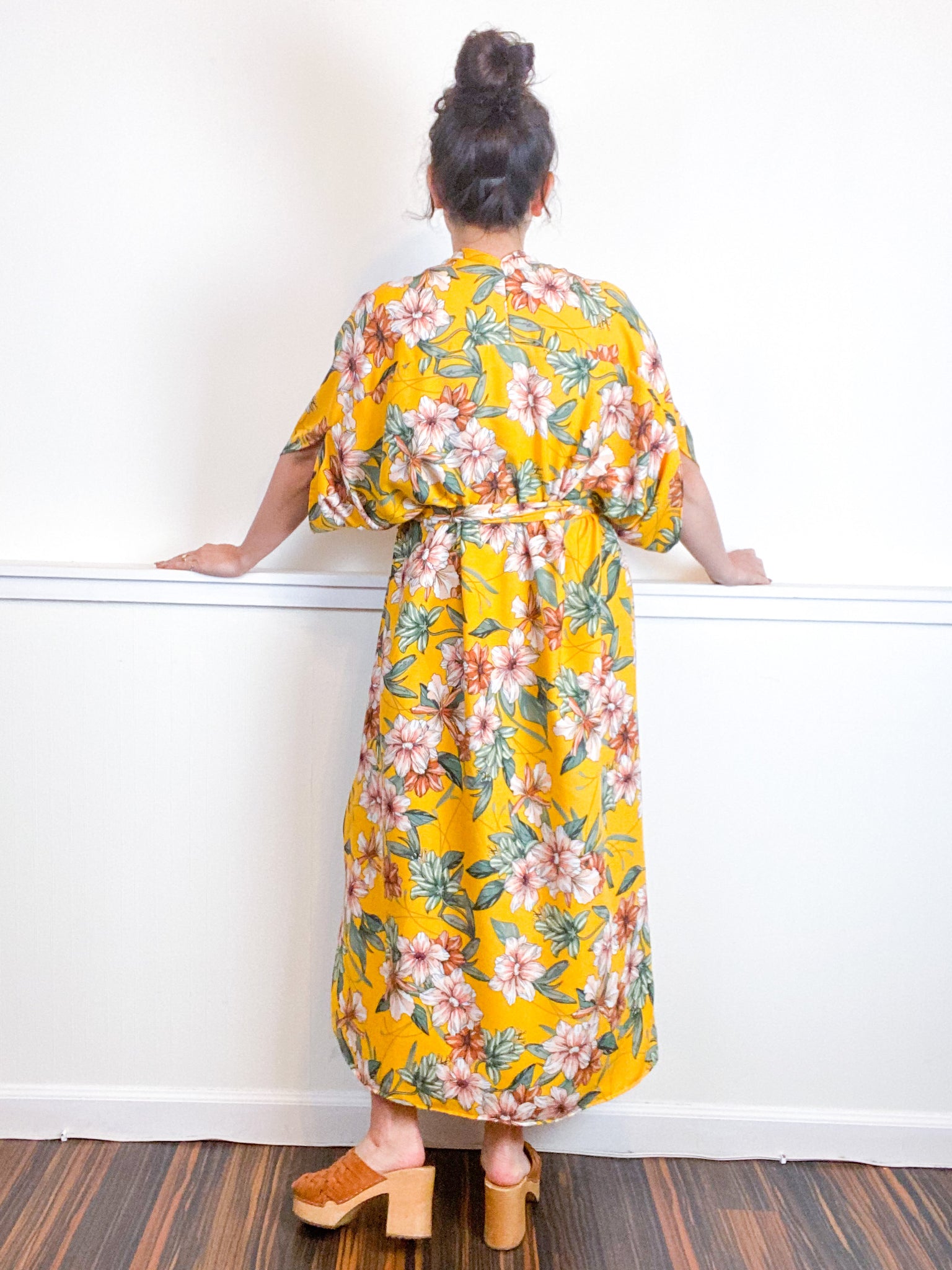 Print High Low Kimono Marigold Lily Floral Rayon Challis