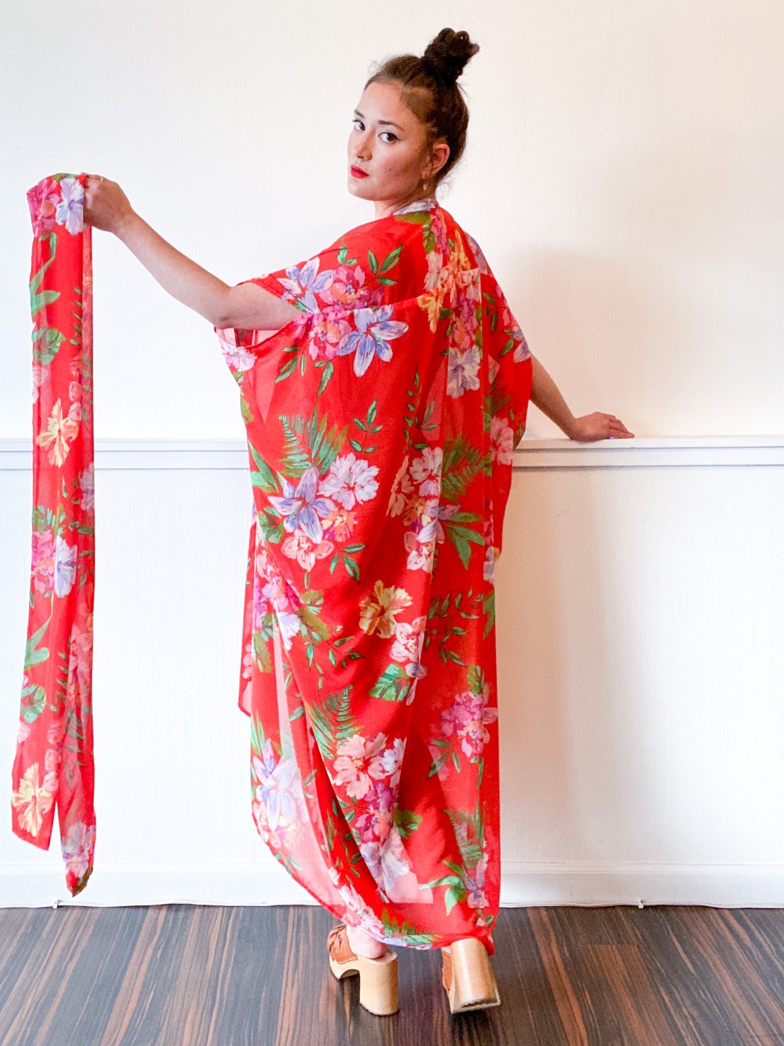 Print High Low Kimono Orange Tropical Floral Chiffon