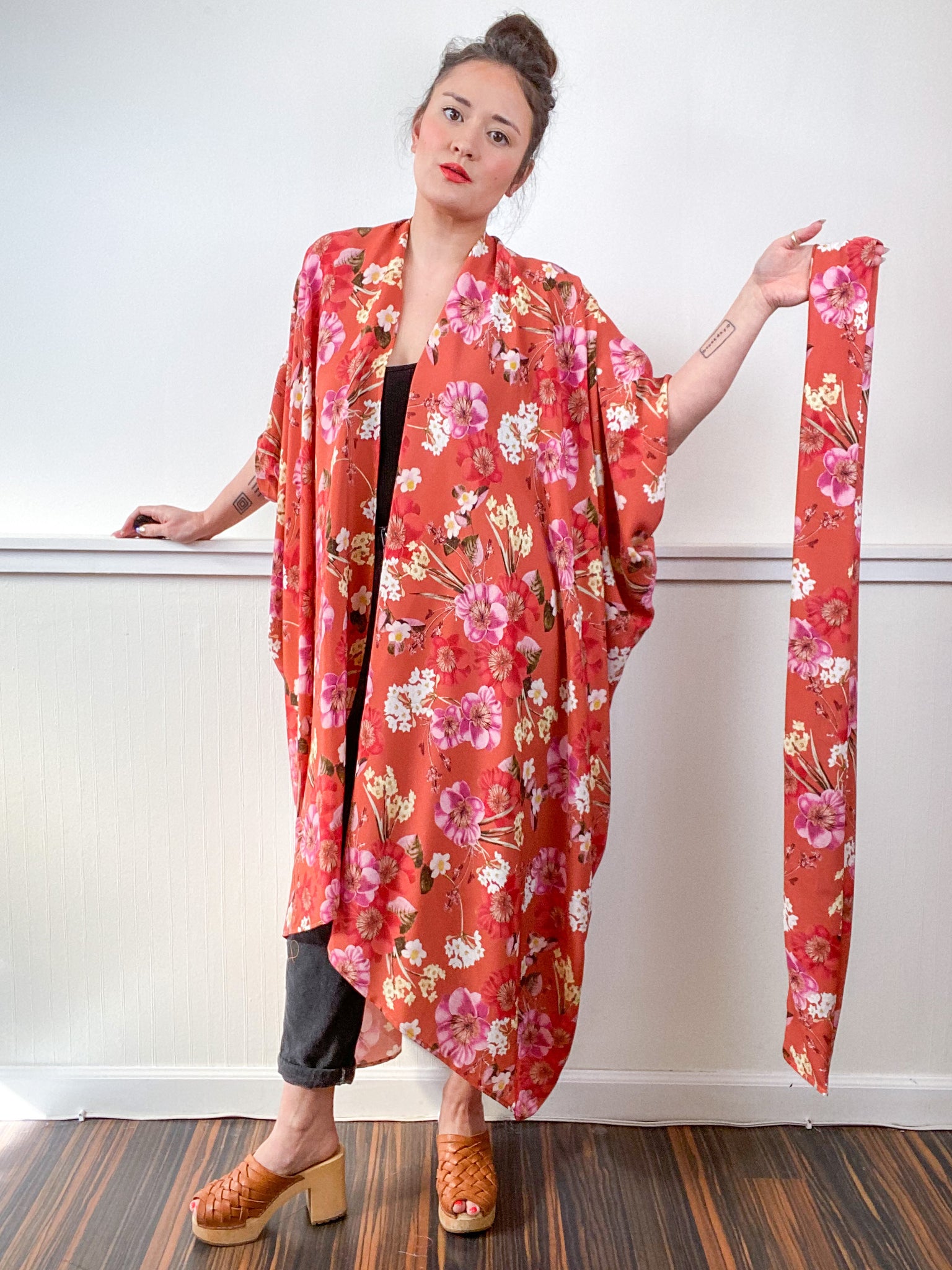 Print High Low Kimono Orange Floral Crepe