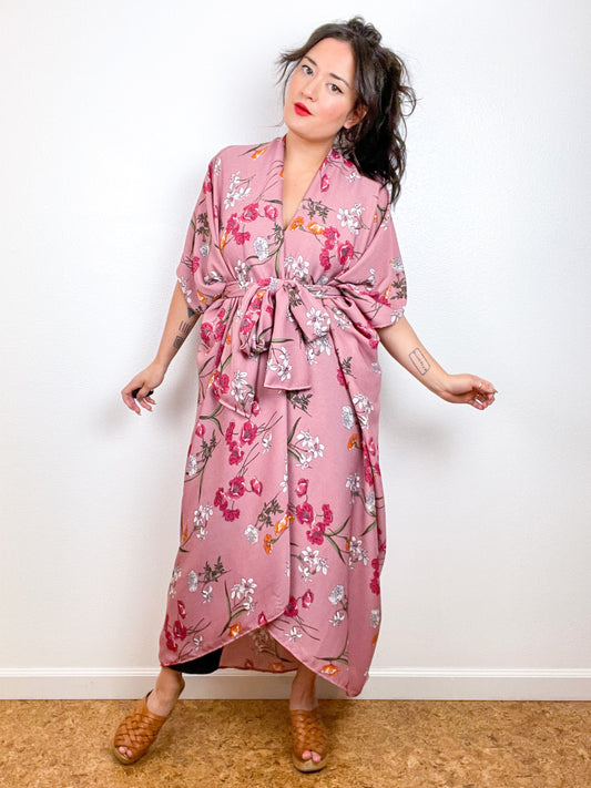 Print High Low Kimono Mauve Floral Crinkle Gauze