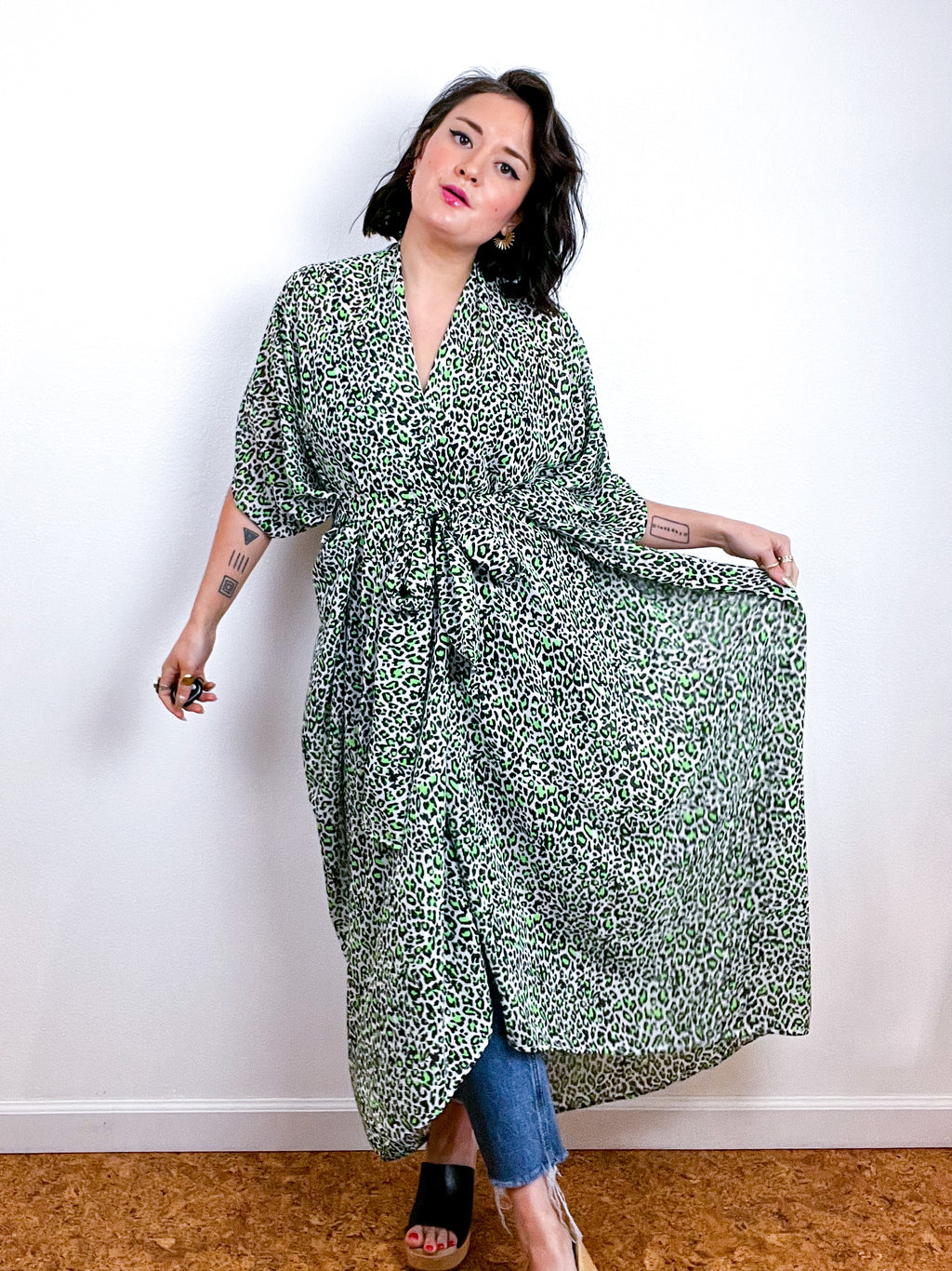 Print High Low Kimono Neon Green Mini Leopard Chiffon