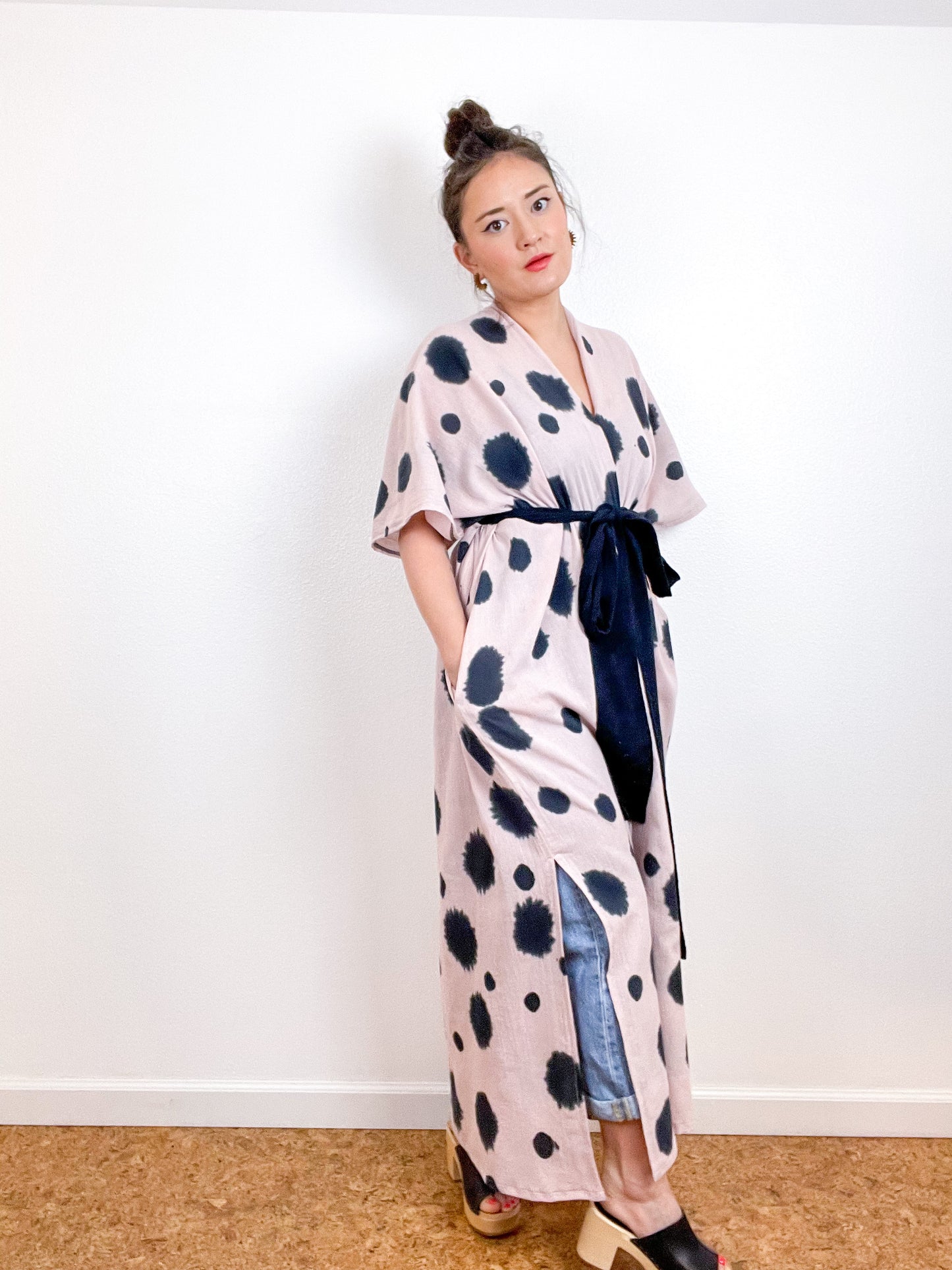 Single Gauze Duster Kimono Blush Dots