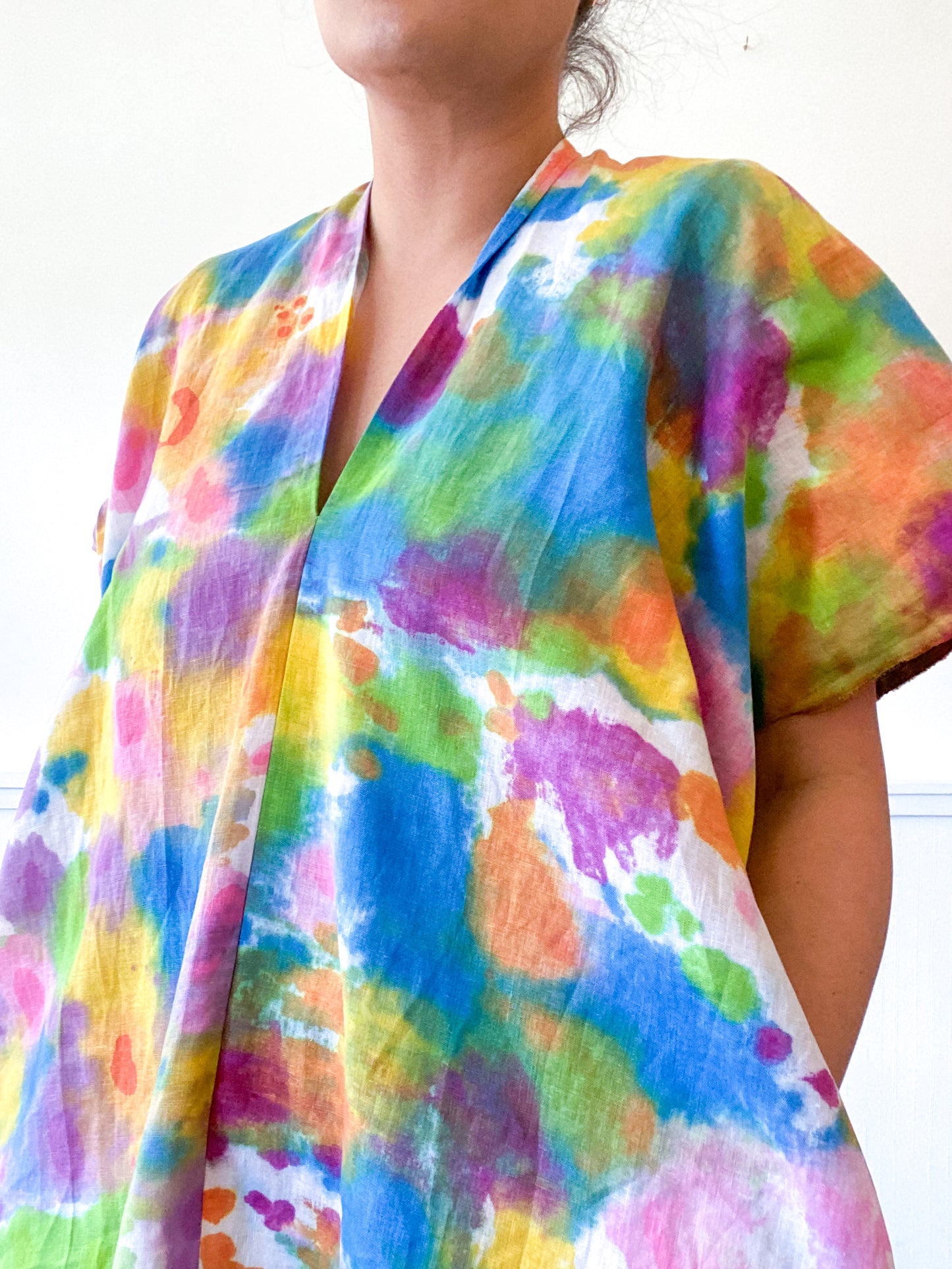 Hand-Dyed Linen Smock Dress Rainbow Watercolor