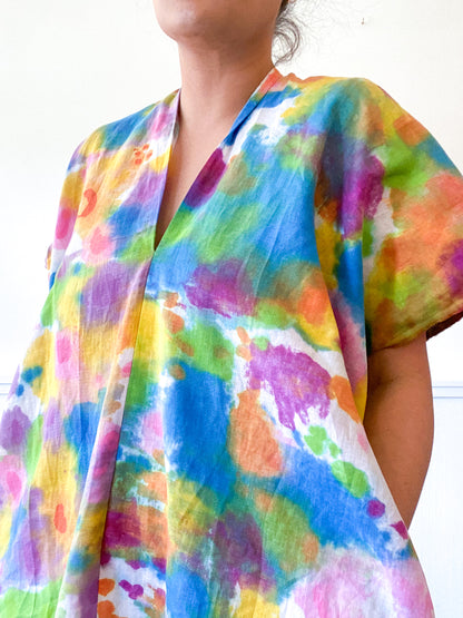 Hand-Dyed Linen Smock Dress Rainbow Watercolor