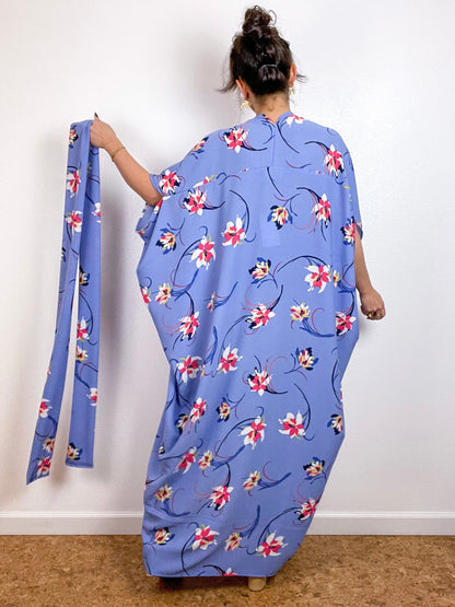 Print High Low Kimono Periwinkle Floral Bubble Crepe