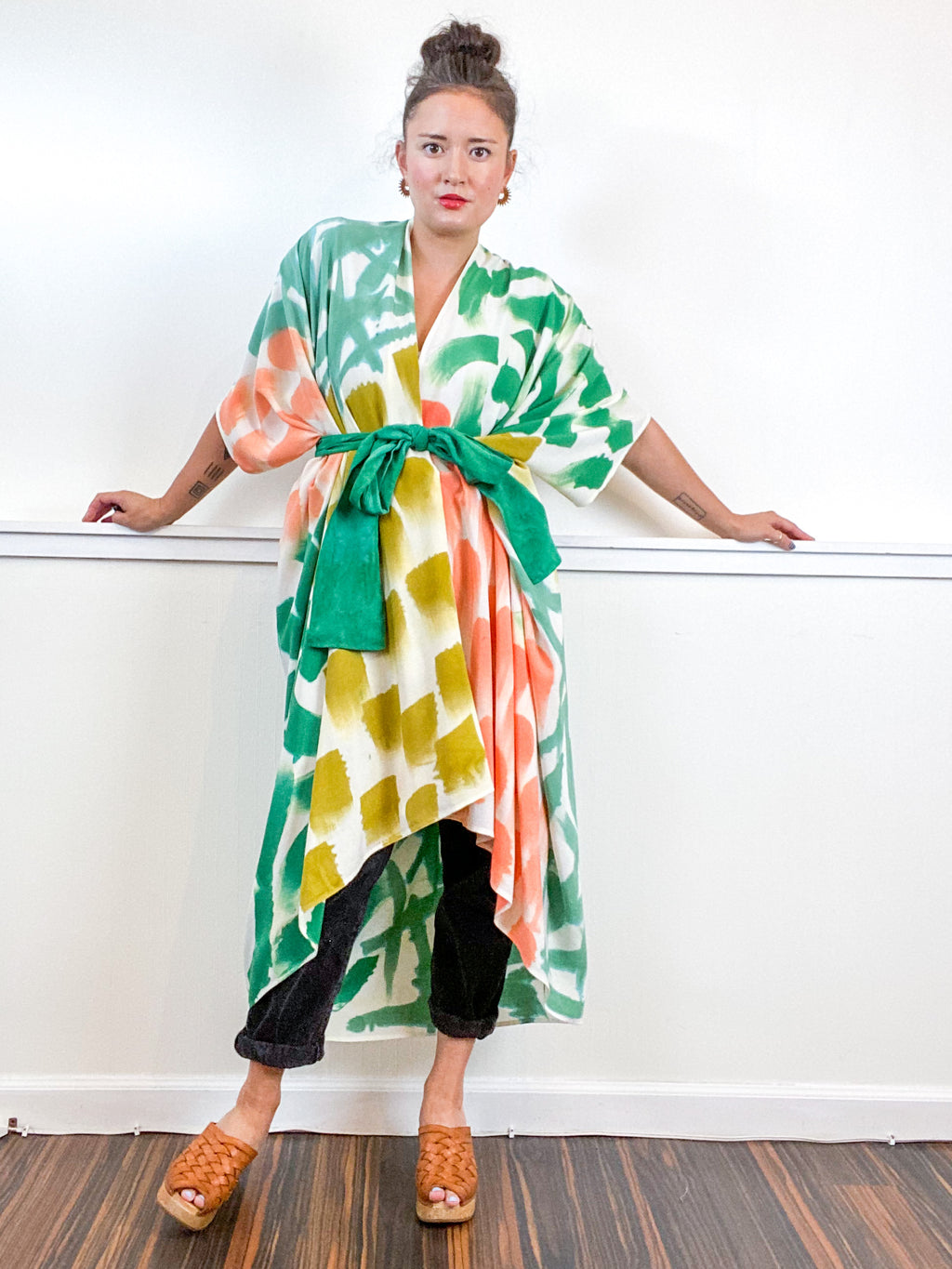OOAK Hand-Dyed High Low Kimono Emerald Flamingo Amber Sea Brushstrokes