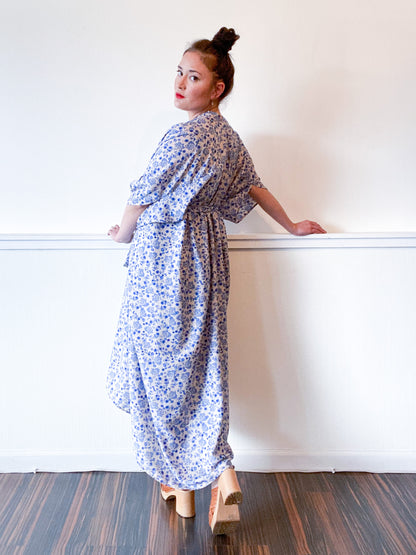 Print High Low Kimono Blue Ivory Mini Floral Crepe de Chine