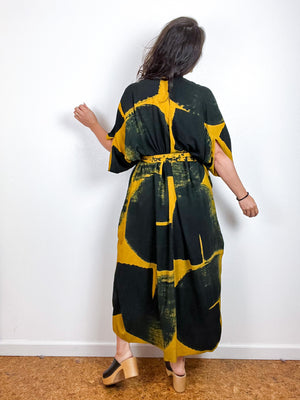 Hand-Dyed High Low Kimono Brass Black Brushstroke