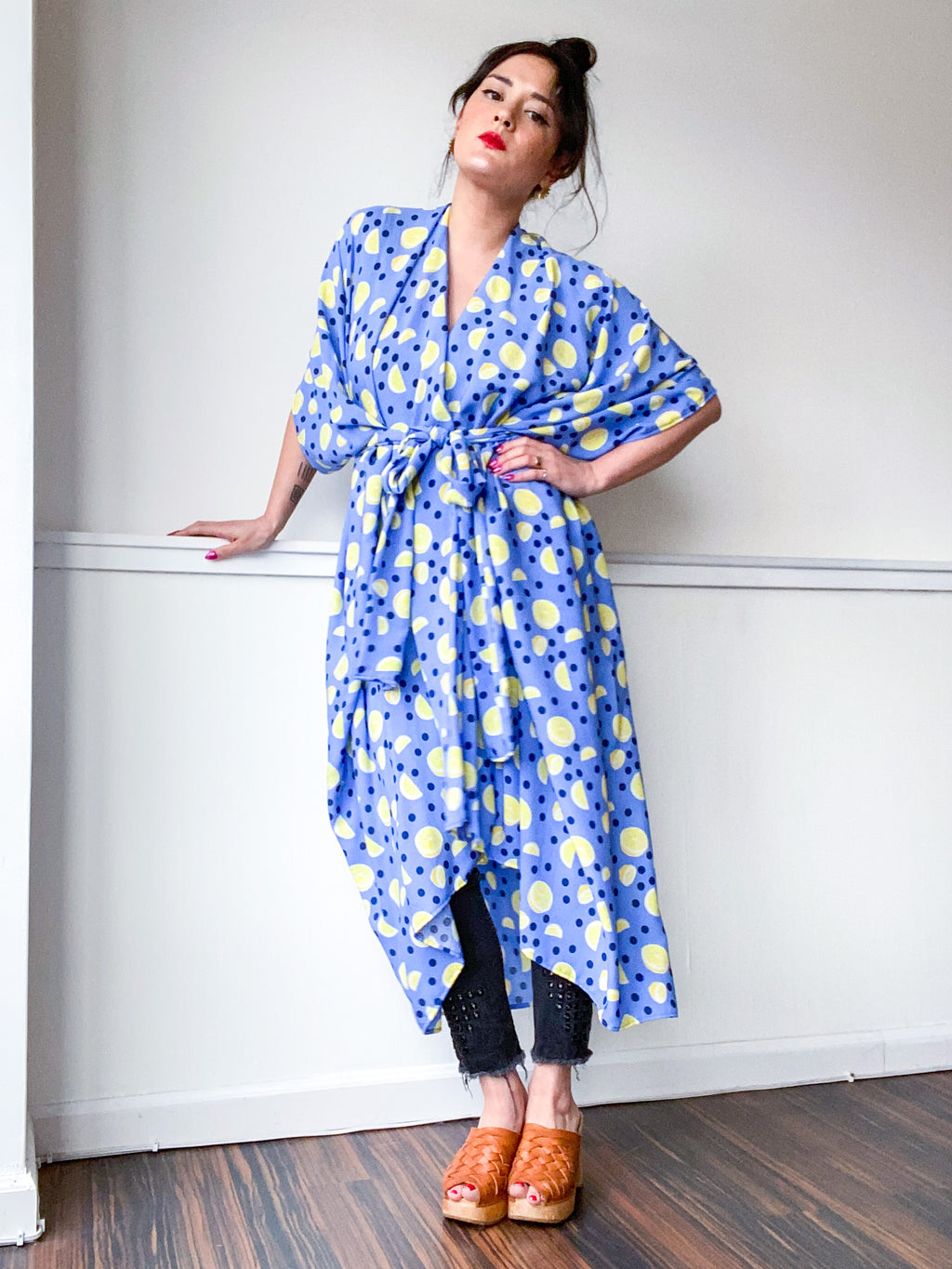 Print High Low Kimono Emerald Floral Blue Lemon