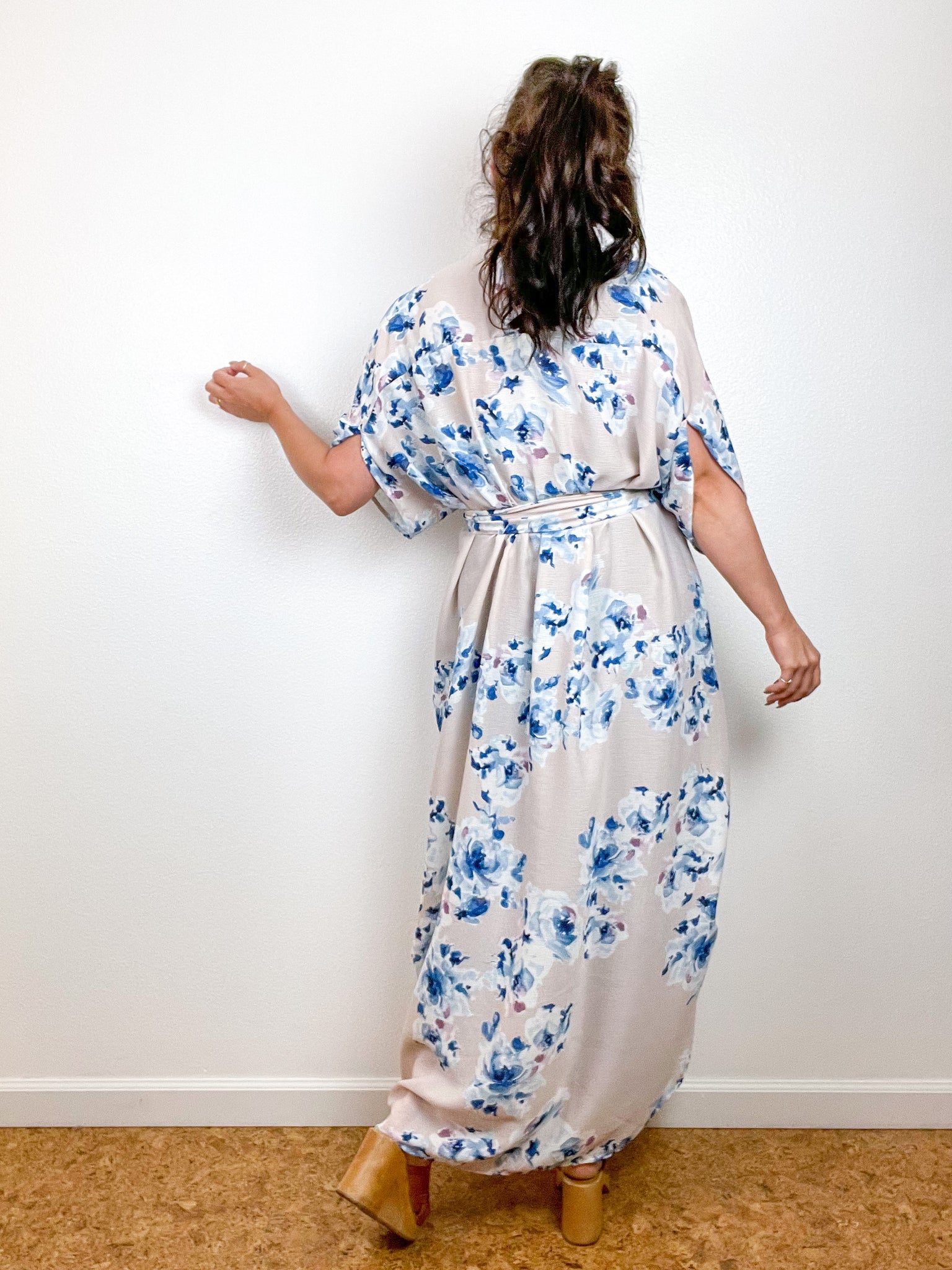 Print High Low Kimono Blush Blue Floral Crinkle Gauze