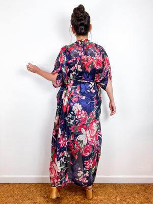 Print High Low Kimono Navy Watercolor Floral Chiffon