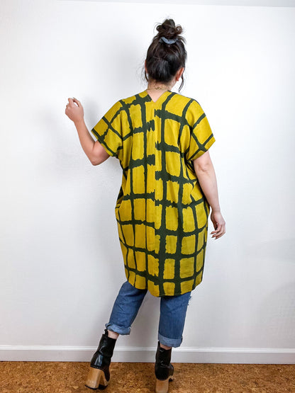 Hand-Dyed Mini Smock Dress Marigold Black Windowpane