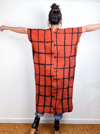 Hand-Dyed Midi Smock Dress Rust Black Windowpane