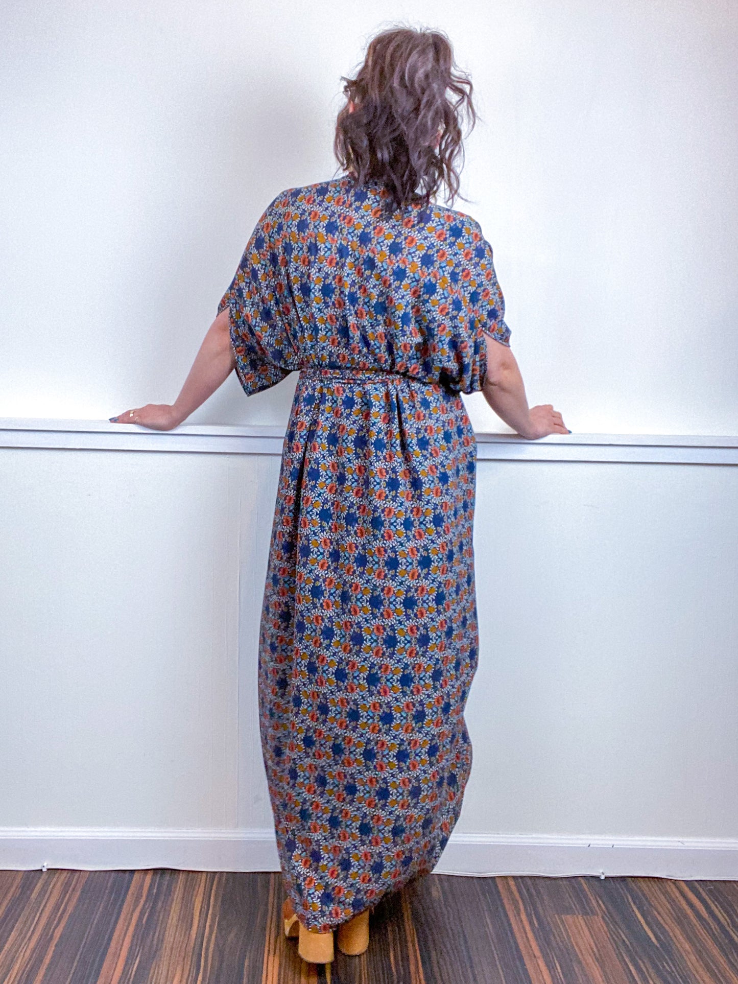 Print High Low Kimono Vintage Floral Bubble Crepe