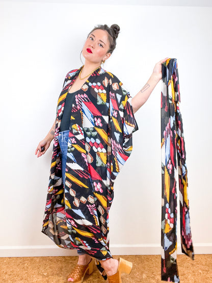 Print High Low Kimono Black Ikat Chiffon