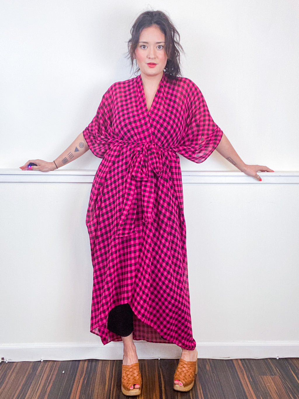 Print High Low Kimono Pink Black Gingham Chiffon