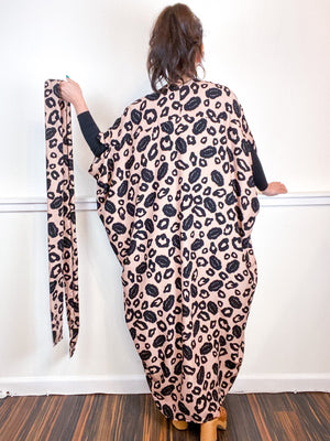 Print High Low Kimono Black Tan Leopard Rayon Challis