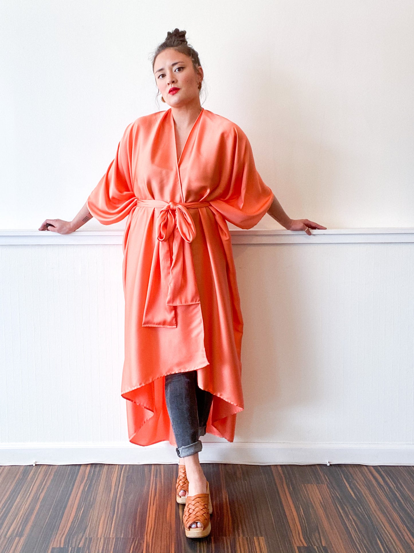 Print High Low Kimono Solid Melon Charmeuse