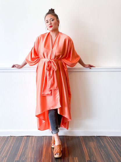 Print High Low Kimono Solid Melon Charmeuse