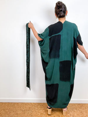 Hand-Dyed High Low Kimono Emerald Black Rectangles