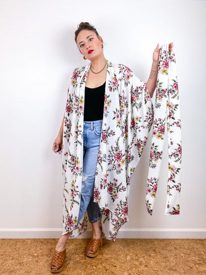 Print High Low Kimono Ivory Floral Bubble Crepe