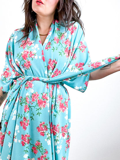 Print High Low Kimono Turquoise Floral Bubble Crepe