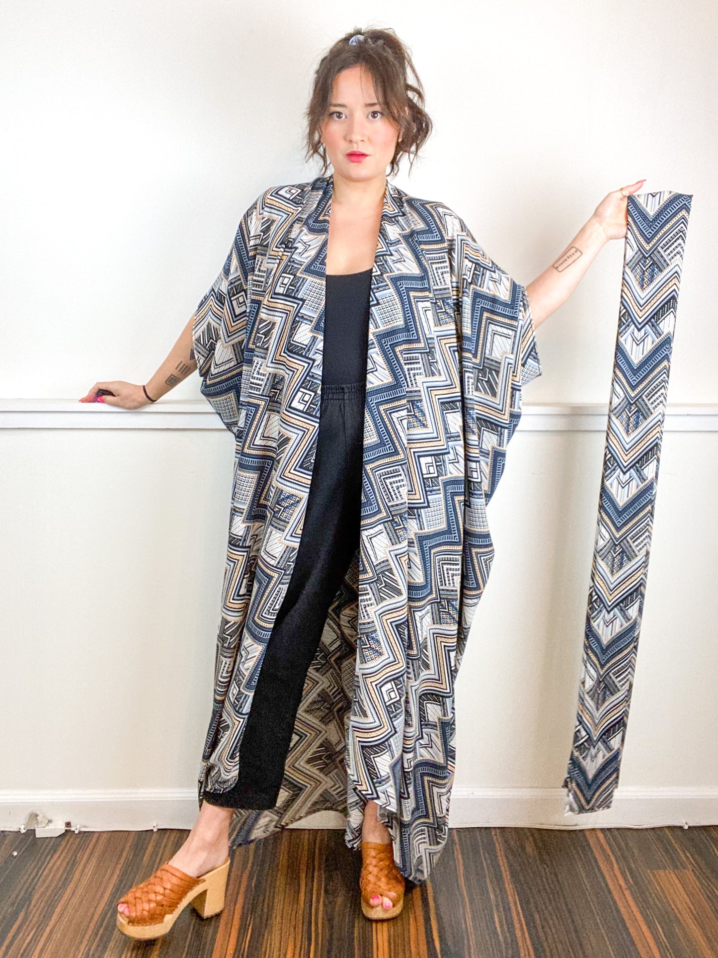 Print High Low Kimono Deco Bubble Crepe