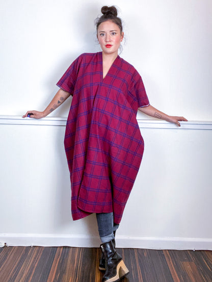 Plaid Smock Dress Maroon Navy Midi