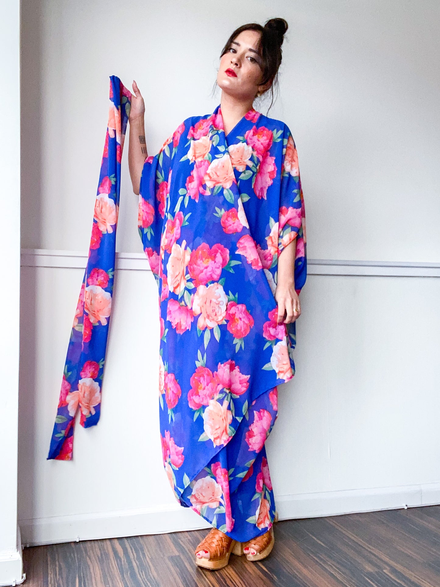 Print High Low Kimono Royal Peonies