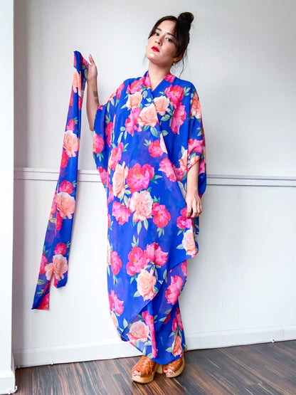 Print High Low Kimono Royal Peonies