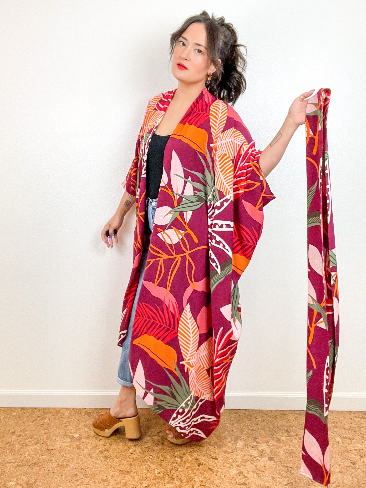 Print High Low Kimono Maroon Mod Leaves Challis