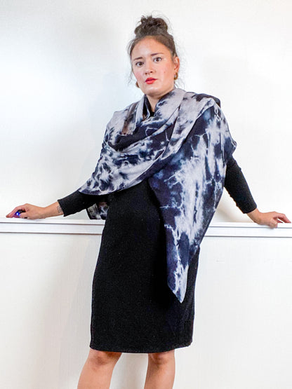 Hand-Dyed Large Square Scarf Grey Black Tie