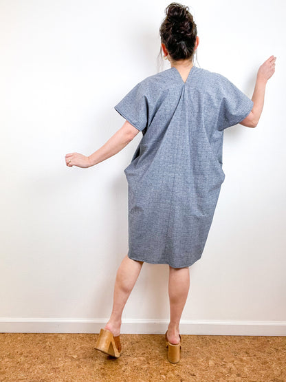 Chambray Smock Dress Grey Embroidered