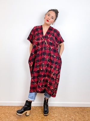 Disrupted Plaid Flannel Smock Dress Red Bleach