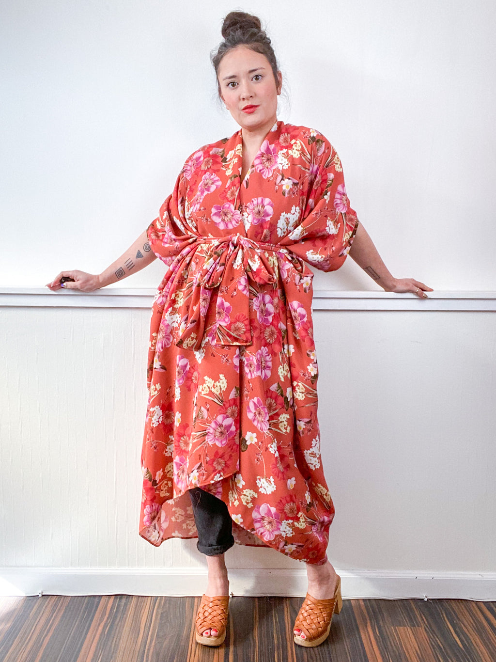 Print High Low Kimono Orange Floral Crepe