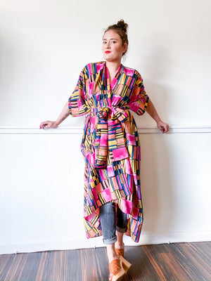 Print High Low Kimono Pink Mod Crepe de Chine