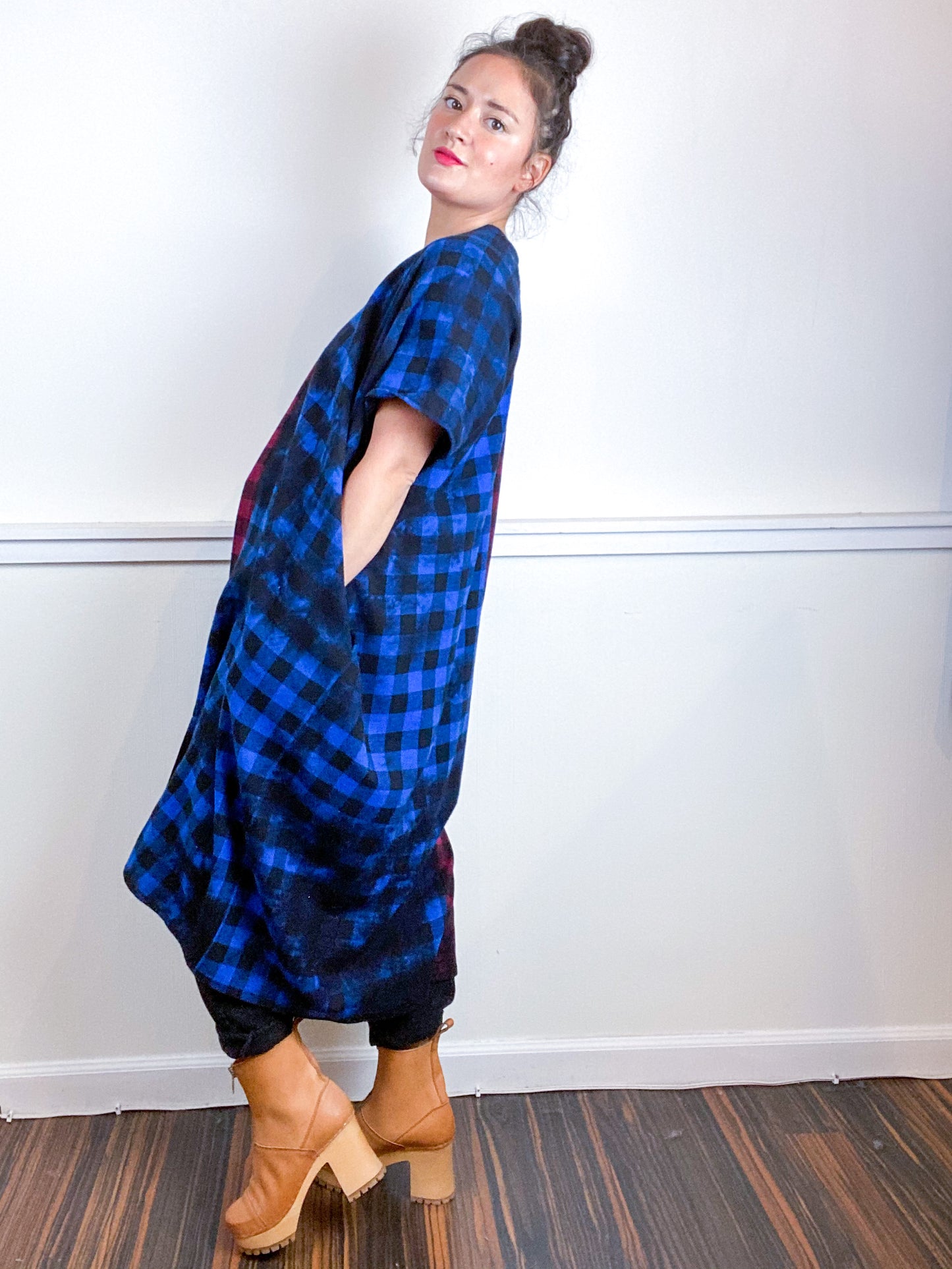 Over-Dye Plaid Smock Dress 2-Tone Blue Red Black Midi