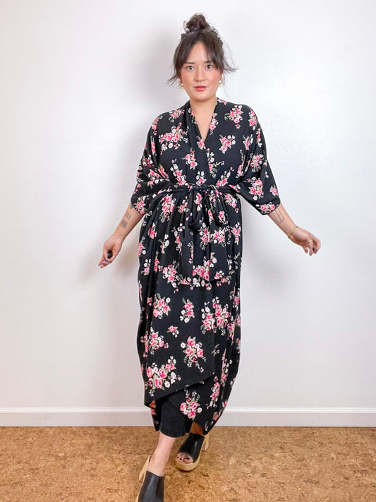 Print High Low Kimono Black Pink Rose Floral Bubble Crepe
