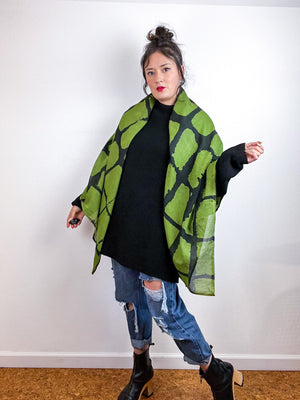 Hand-Dyed Cotton Voile Scarf Green Black Windowpane