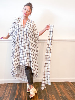 Print High Low Kimono Ivory Windowpane Rayon Challis