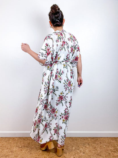 Print High Low Kimono Ivory Floral Bubble Crepe
