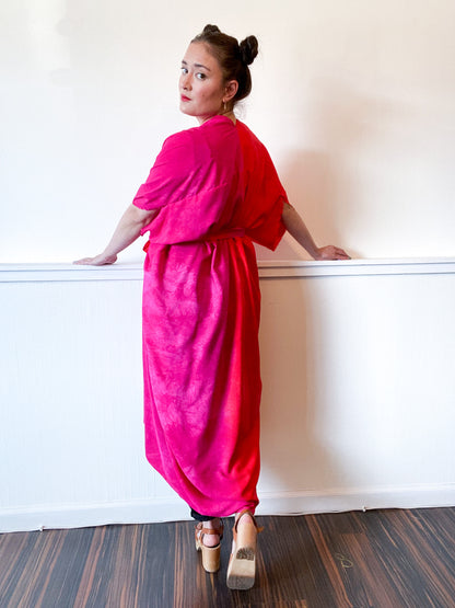 Hand-Dyed High Low Kimono Two Tone Fuchsia Scarlet