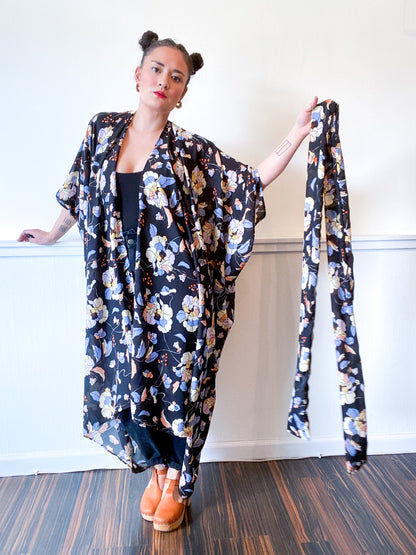 Print High Low Kimono Black Floral Georgette