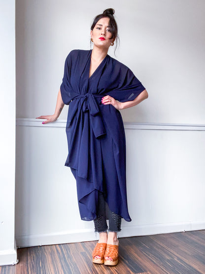 Print High Low Kimono Navy Georgette