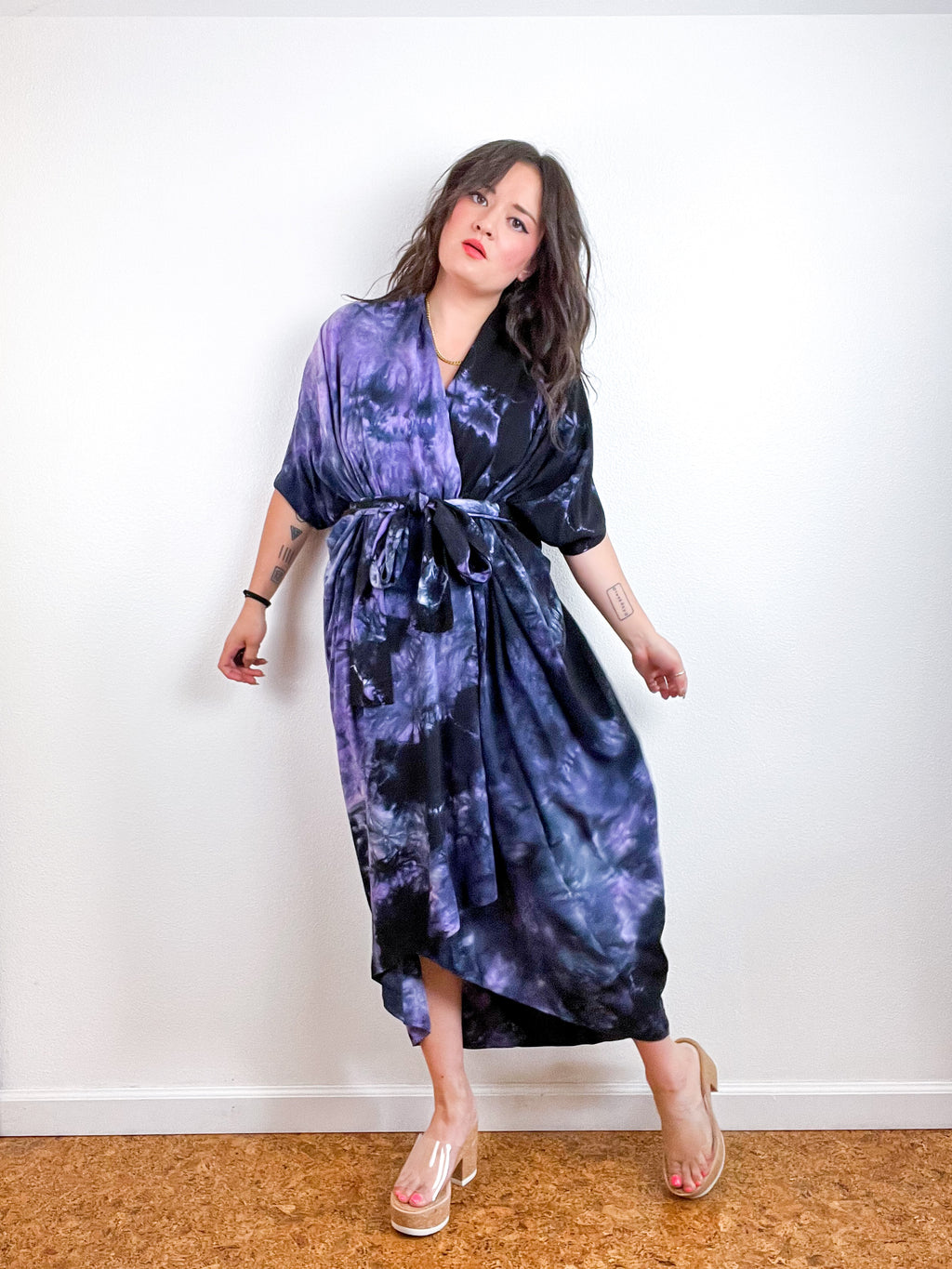 Hand-Dyed High Low Kimono Orchid Black Tie